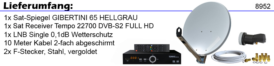 Komplettanlage Sat Spiegel 65 cm ALU mit Single LNB Full HDTV und Sat Kabel